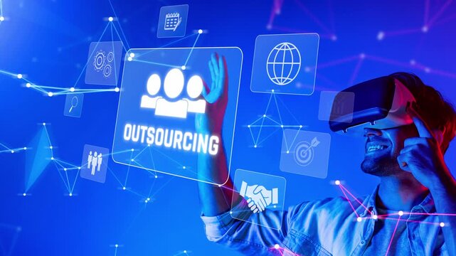 A person experiences virtual reality while engaging with digital outsourcing solutions, highlighting modern approaches to teamwork and collaborative business strategies. Raster