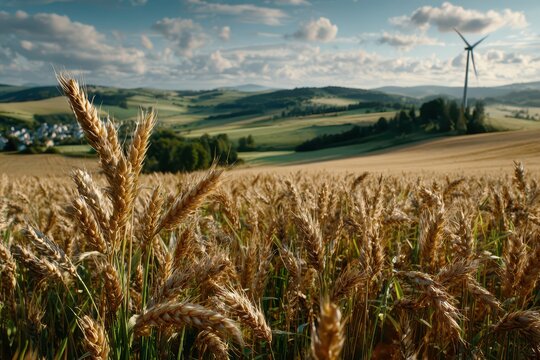 Golden wheat field with rolling hills and a distant wind turbine under a cloudy sky.