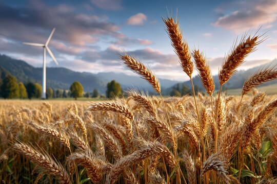 Ripe golden wheat field with a wind turbine providing renewable energy.