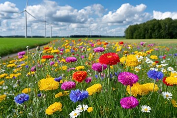 A beautiful wildflower meadow with wind turbines for clean, green energy.