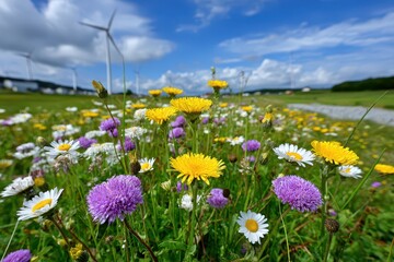 Vibrant summer wildflowers bloom in a green meadow with wind turbines.