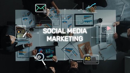 A diverse team engaged in social media marketing strategies, surrounded by data analysis charts and technology in a modern office setting. Raster - Powered by Adobe