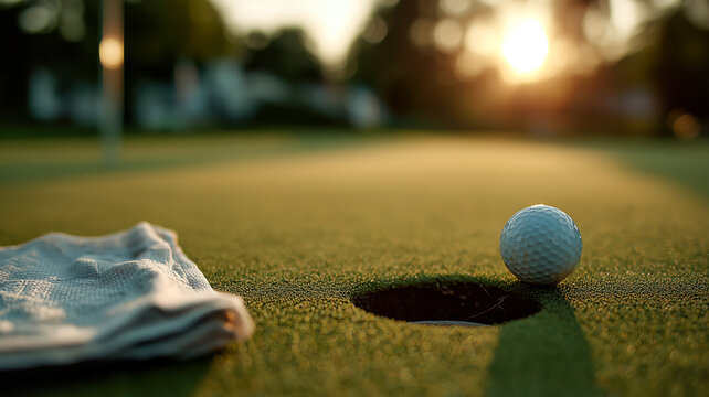 Golf ball positioned near the hole on a vibrant green golf course at sunset, towel in the corner with sun in the background.  - Powered by Adobe