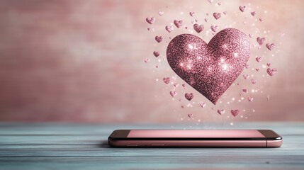 Digital love concept with floating heart lights above smartphone