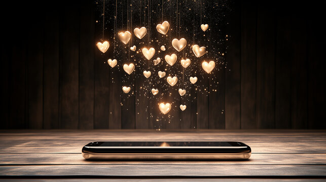 smartphone with floating heart particles and warm cinematic light - Powered by Adobe