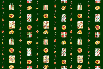 Watercolor Christmas seamless pattern with festive gift boxes, holiday sweets, cookies, candy canes, and oranges. Perfect for wrapping paper, textiles, wallpaper, and festive design projects.