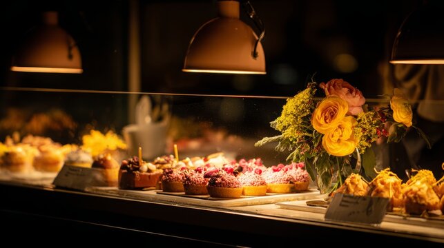 A delightful display of pastries and flowers sits atop a counter under warm lighting, creating a cozy and inviting ambiance.