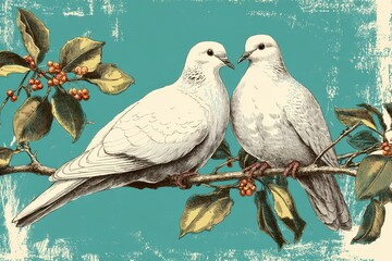 Whimsical Illustration of Two Turtle Doves Celebrating the 12 Days of Christmas Joyful Melody