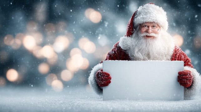 Cheerful man in Santa costume holding blank sign with copy space in snowy winter landscape with festive lights