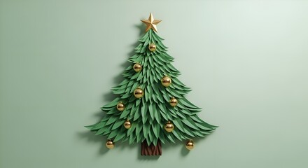 Fototapeta premium Christmas tree wall decor with golden ornaments on pastel green background