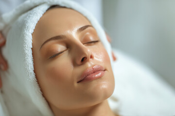 Young woman relaxing during facial massage in spa setting  