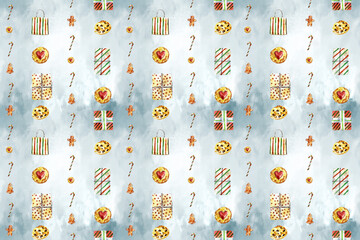 Watercolor Christmas seamless pattern with festive gift boxes, holiday sweets, cookies, candy canes, and oranges. Perfect for wrapping paper, textiles, wallpaper, and festive design projects.