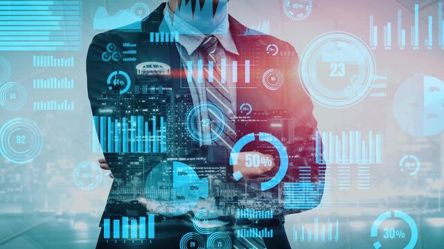A businessman stands confidently with arms crossed, surrounded by futuristic data visuals, representing market analytics against a vibrant cityscape backdrop. Xenic - Powered by Adobe
