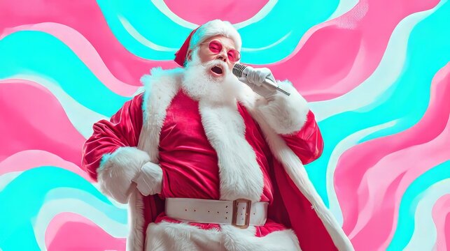 Santa Claus singing into a microphone with vibrant colorful background and festive atmosphere - Powered by Adobe