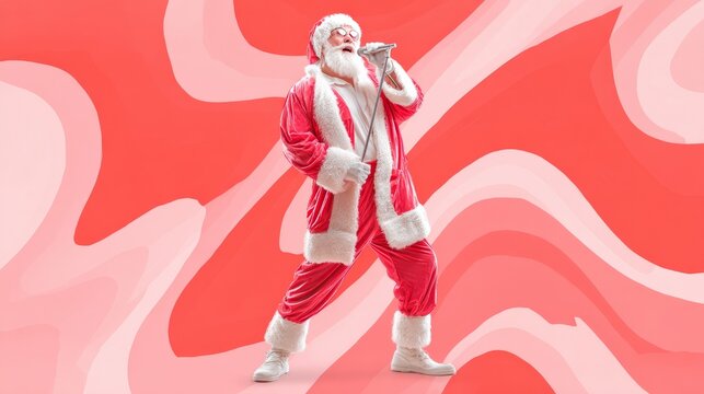 Santa Claus singing joyfully with microphone against vibrant abstract background