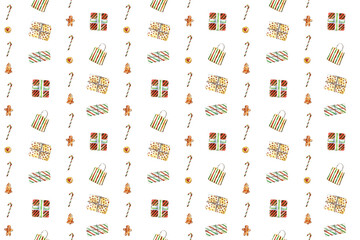 Watercolor Christmas seamless pattern with festive gift boxes, holiday sweets, cookies, candy canes, and oranges. Perfect for wrapping paper, textiles, wallpaper, and festive design projects.
