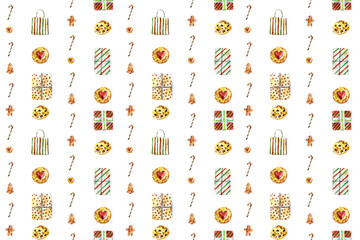 Watercolor Christmas seamless pattern with festive gift boxes, holiday sweets, cookies, candy canes, and oranges. Perfect for wrapping paper, textiles, wallpaper, and festive design projects.