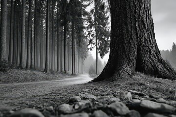 A mysterious black and white forest path winding through a dense array of tall trees.