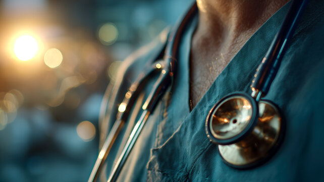 A close-up shows a healthcare professional with a stethoscope, highlighting dedication and medical expertise in a healthcare setting.