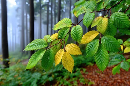 Vibrant green and yellow leaves glistening with dew in a misty forest scene.