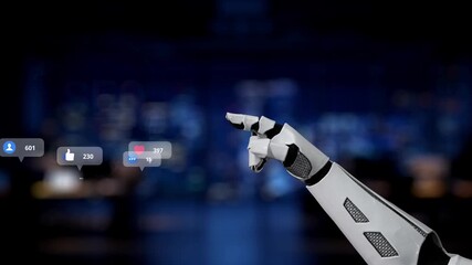 A robotic hand engages with floating social media icons, representing the merging of technology and human interaction in the digital landscape of the future. Synapse - Powered by Adobe