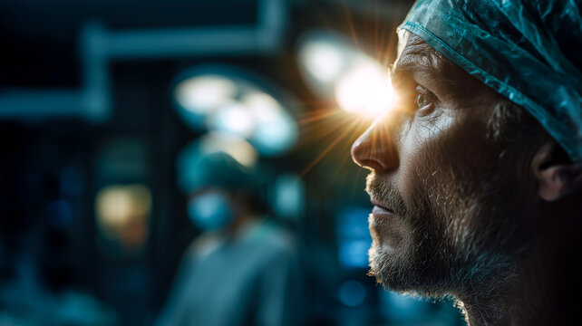 Contemplative surgeon stands ready in operating room. Intense focus. Bright light reflects off of the face, profile view of physician.