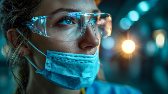 Focused medic with protective eyewear & face mask looking up, immersed in a blue-lit setting. Determined to provide the best healthcare. - Powered by Adobe