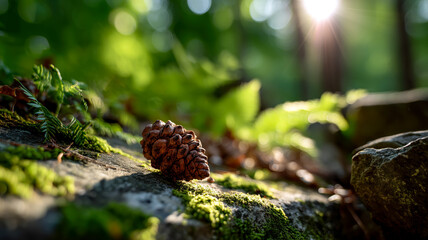 Sunlit pine cone rests on a mossy rock, surrounded by lush greenery. Nature's beauty is enhanced by light and shadow interplay. 