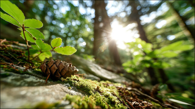 A sunlit forest floor scene with a pine cone resting on moss-covered rock, young leaves, and soft bokeh of forest trees in the background. - Powered by Adobe