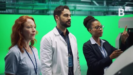 Diverse team of scientists and engineers collaborating in a hightech laboratory analyzing data on a large green screen display showcasing innovation and teamwork in research and development. - Powered by Adobe