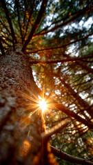 Obraz premium A sunburst through a tree canopy creating a warm, ethereal glow, highlighting the natural beauty of light and shadow. 