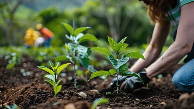 A woman gently plants young seedlings in rich soil as part of a community gardening project. This activity takes place in a green outdoor space, promoting local environmental awareness - Powered by Adobe