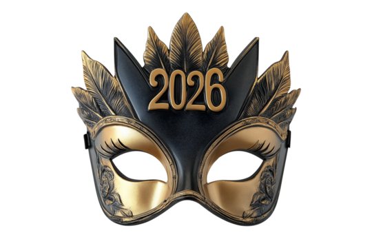 Gold and Black Carnival Mask 2026 Isolated on Transparent Background
