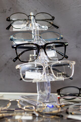 Russia. Saint Petersburg. Store window with glasses.