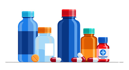 Vibrant Assortment of Medicine Bottles and Pills Illustration for Pharmaceutical Healthcare, Wellness, and Medical Treatment Concepts Representing Drugstore Supplies and Health Support