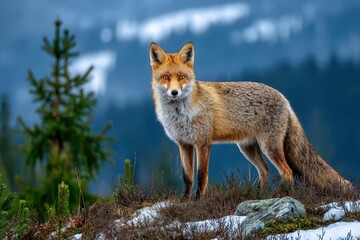 Fototapeta premium A majestic red fox with keen eyes stands alert in a snowy winter forest landscape.
