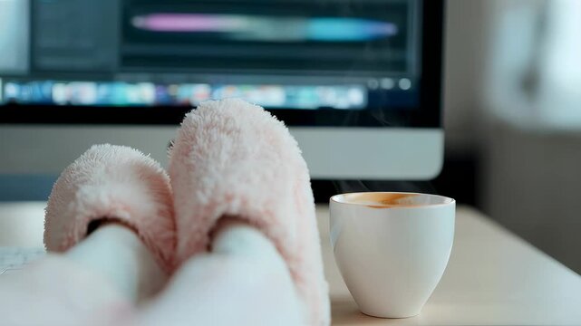 Woman resting on a desk with fuzzy slippers and coffee. Relax, leisure, and work life balance. Remote work and cozy home office concept.