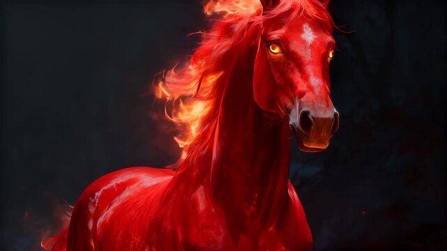 Infernal steed with a mane of fire stands in a volcanic landscape. A legendary creature from mythology with glowing eyes. Panning and tilting camera movement.