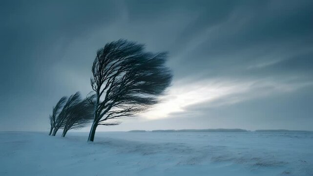 Bare tree line with bending branches in snow field. Winter landscape with stormy weather. Cold season, blizzard, freezing condition.