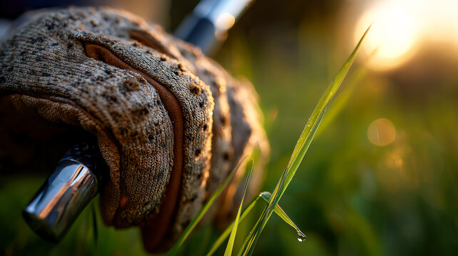 A detailed view reveals a gloved hand grasping a golf club, with blades of grass and the setting sun visible in the background.