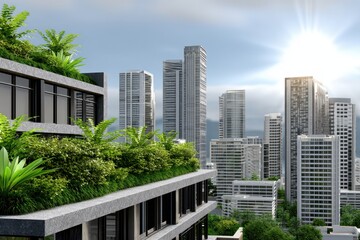Modern city skyline with sustainable green architecture and lush rooftop gardens under bright sun.