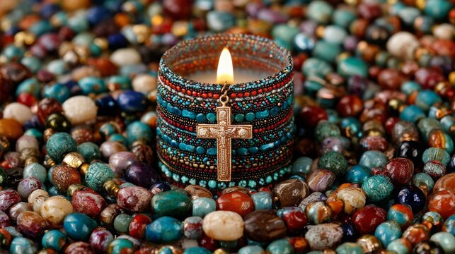A Vibrant Display of Colorful Candles Surrounded by Decorative Beads and a Cross, Evoking a Sense of Peace and Spirituality
