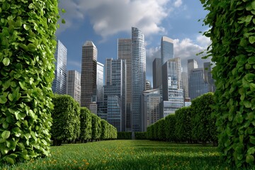 Fototapeta premium A harmonious blend of lush green nature and a modern urban cityscape under a blue sky.