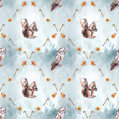 Watercolor Christmas seamless pattern with winter forest animals and festive treats. Features deer, fox, owl, squirrel, gingerbread cookies, dried oranges, and candy canes. 