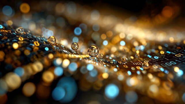 Digital binary code with reflective spheres and bokeh background, showcasing the intersection of technology and data visualization. - Powered by Adobe