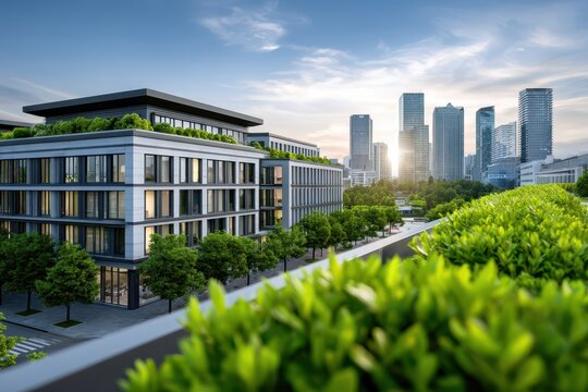 Modern urban buildings with lush green rooftops, showcasing sustainable design.
