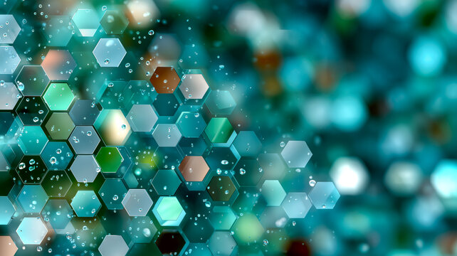 Abstract background featuring an arrangement of hexagonal elements, with a cool color palette and water droplet effects on the surface.