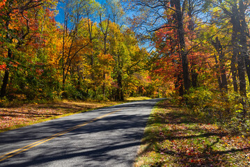 Obraz premium Winding autumn road on Blue Ridge Parkway surrounded by colorful fall foliage