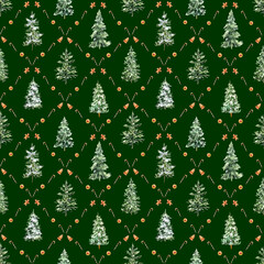 Watercolor seamless Christmas pattern with fir trees, gingerbread cookies, candy canes, and dried oranges. Perfect for holiday wrapping paper, textiles, wallpapers, and festive winter decor.
