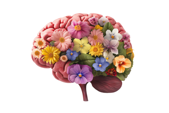 Human Brain with Blooming Flowers Symbolizing Mental Health Isolated on Transparent Background